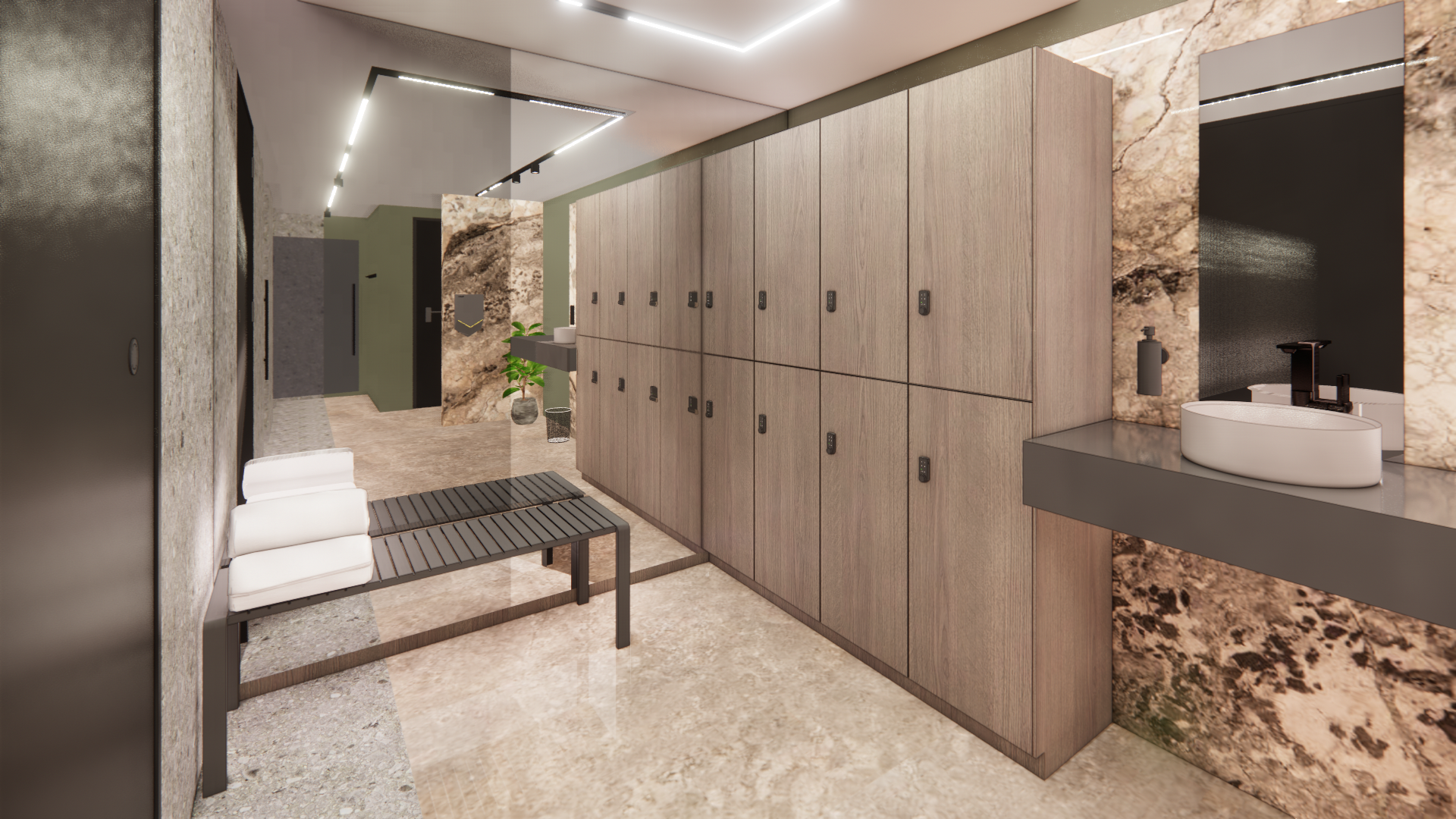 Moderne kleedkamer met houten lockers, marmeren banken en wastafels in een stijlvol, spa-achtig interieur.