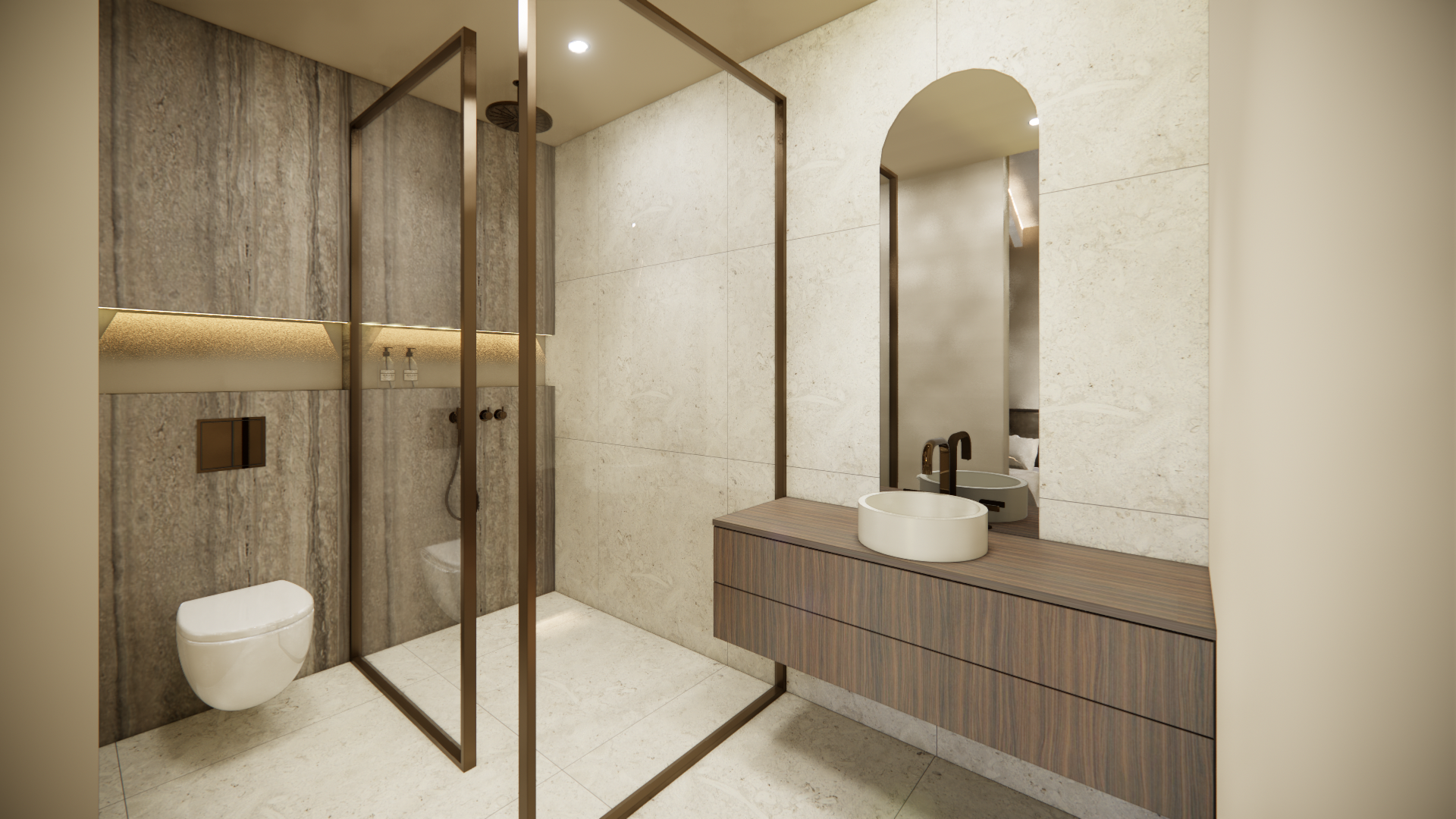Moderne, minimalistische badkamer met inloopdouche, wandtoilet en wastafelmeubel met gebogen spiegel.