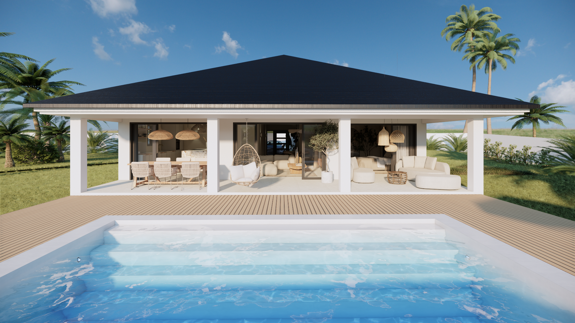 Moderne villa aan het strand met zwembad, open terras en palmbomen, badend in het heldere daglicht.