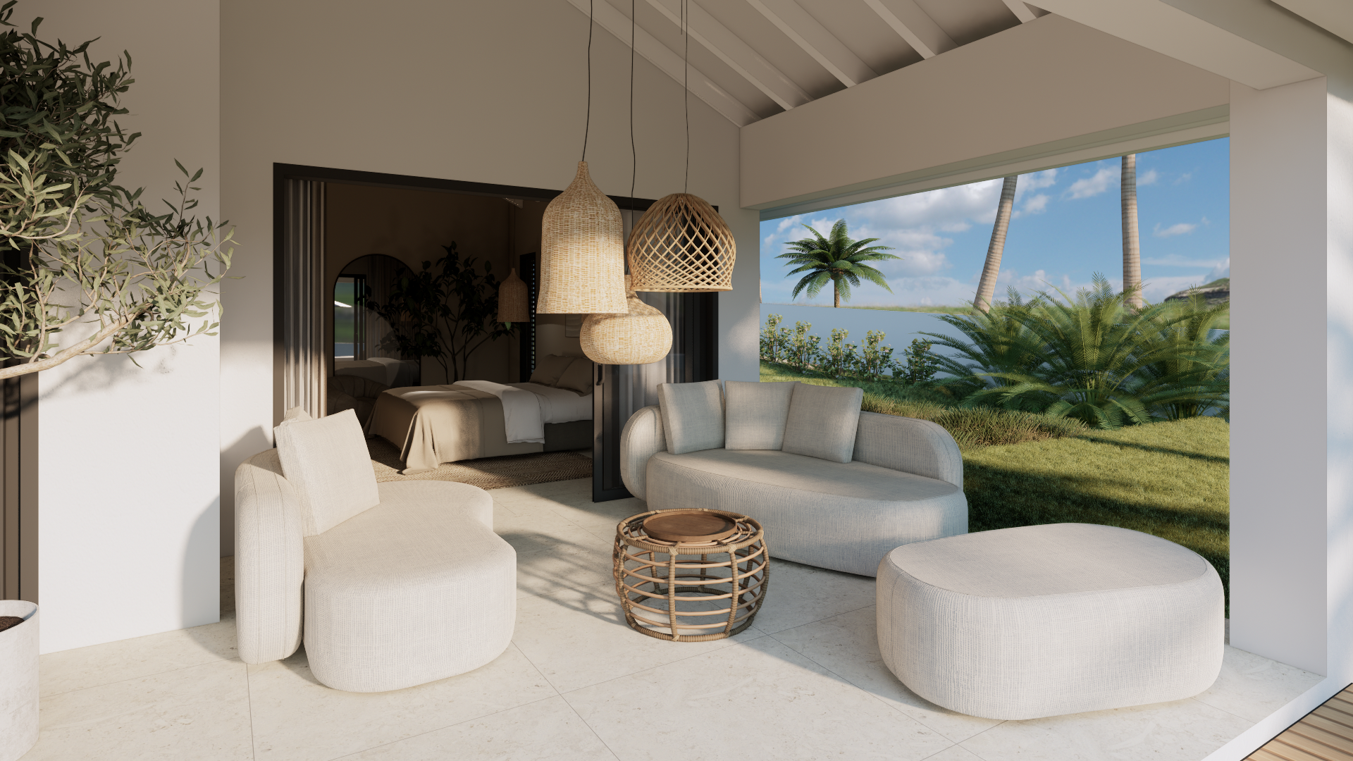 Lichte, moderne woonkamer met witte en grijze zitmeubels, geweven decoratie en ramen met tropisch uitzicht op de oceaan.