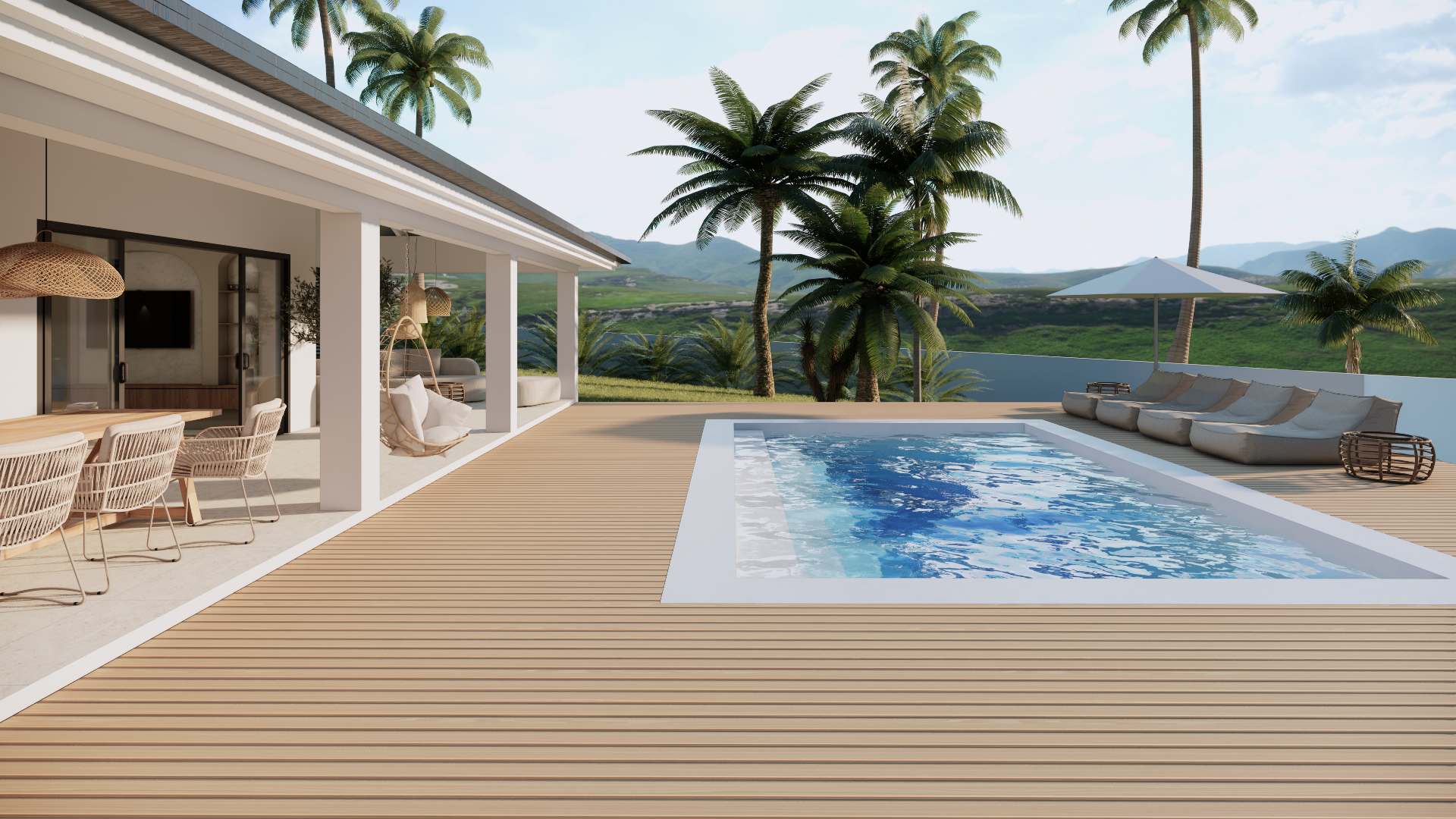 Luxe tropisch terras bij het zwembad met houten vlonder, palmbomen, ligstoelen en uitzicht op de oceaan.