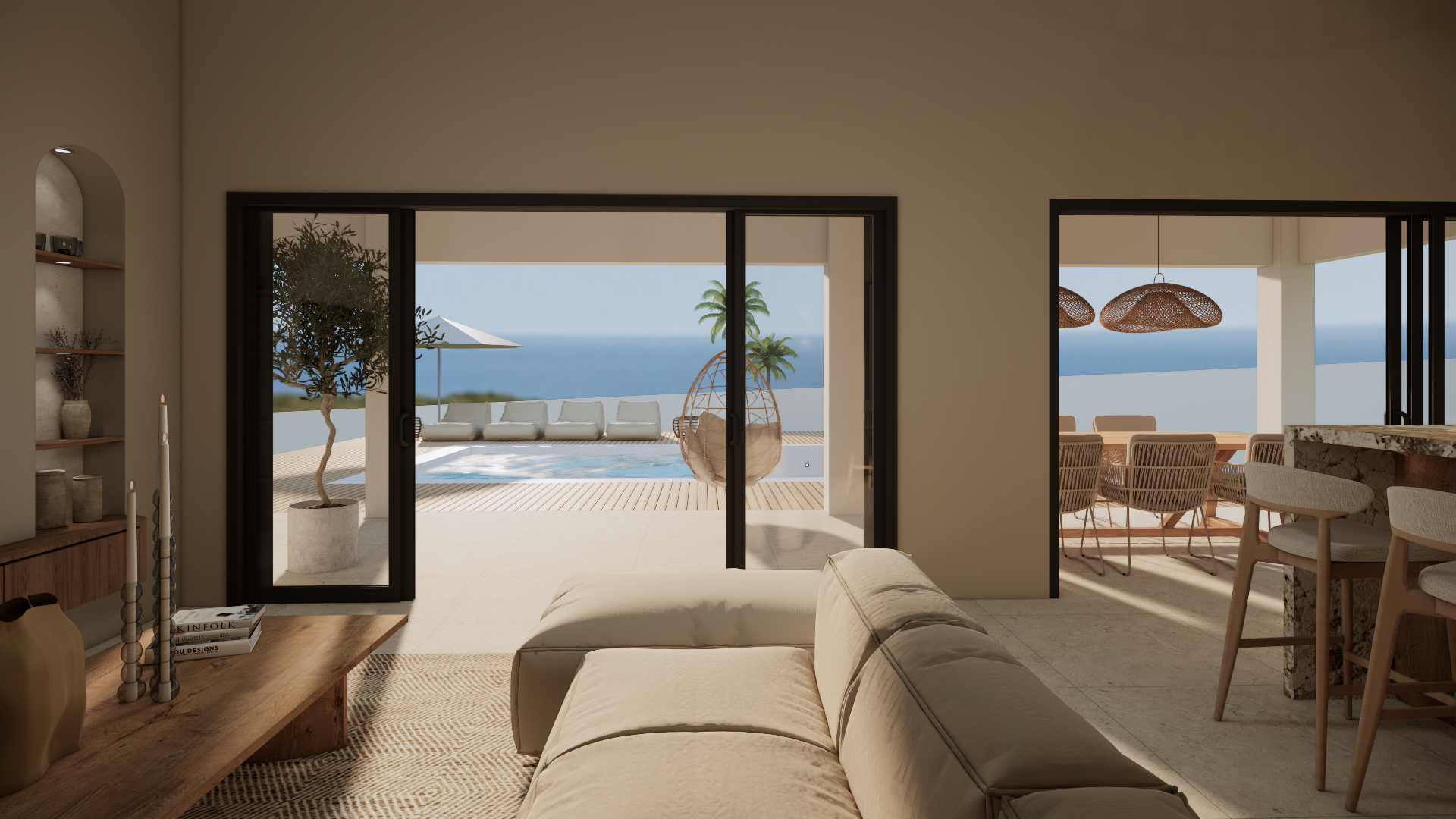 Moderne woonkamer die uitkomt op een zonnig terras met uitzicht op de oceaan, compleet met eethoek en loungestoelen.