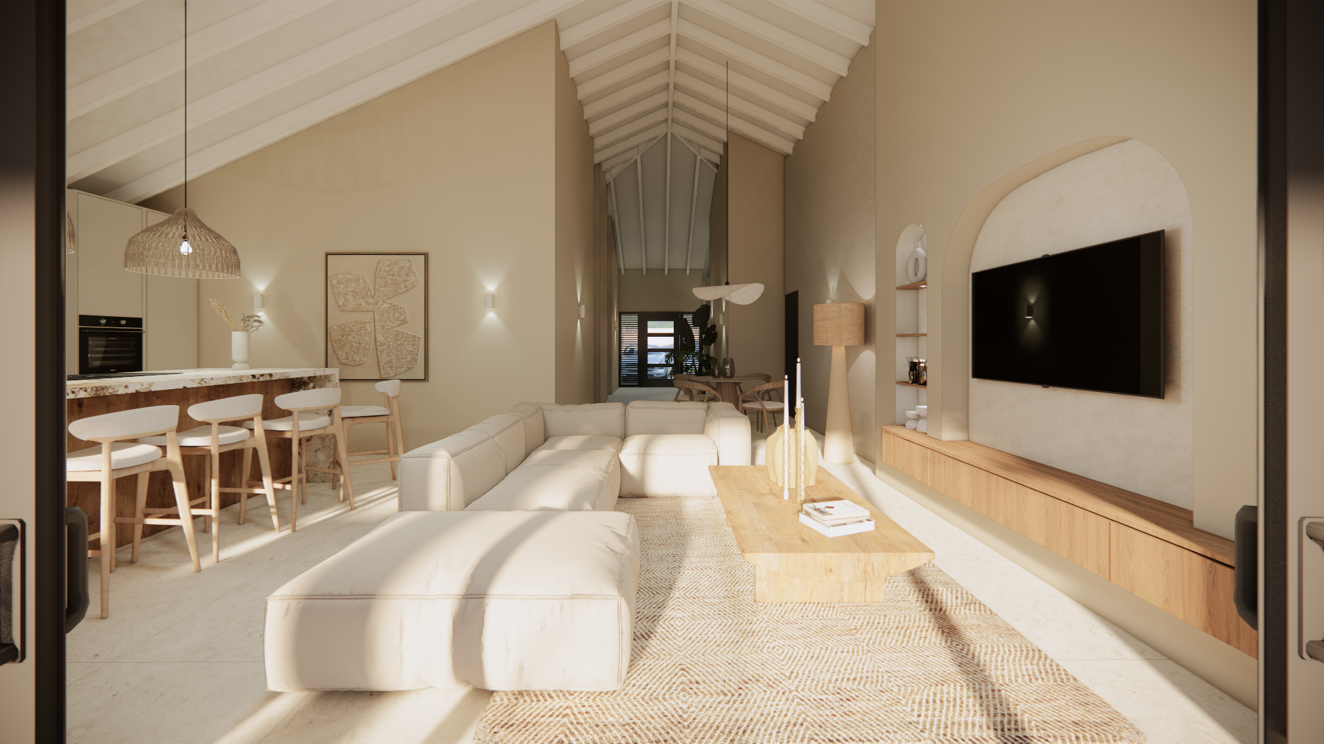 Lichte, minimalistische woonkamer met gewelfd plafond, neutrale bank, houten accenten en aan de muur gemonteerde tv.