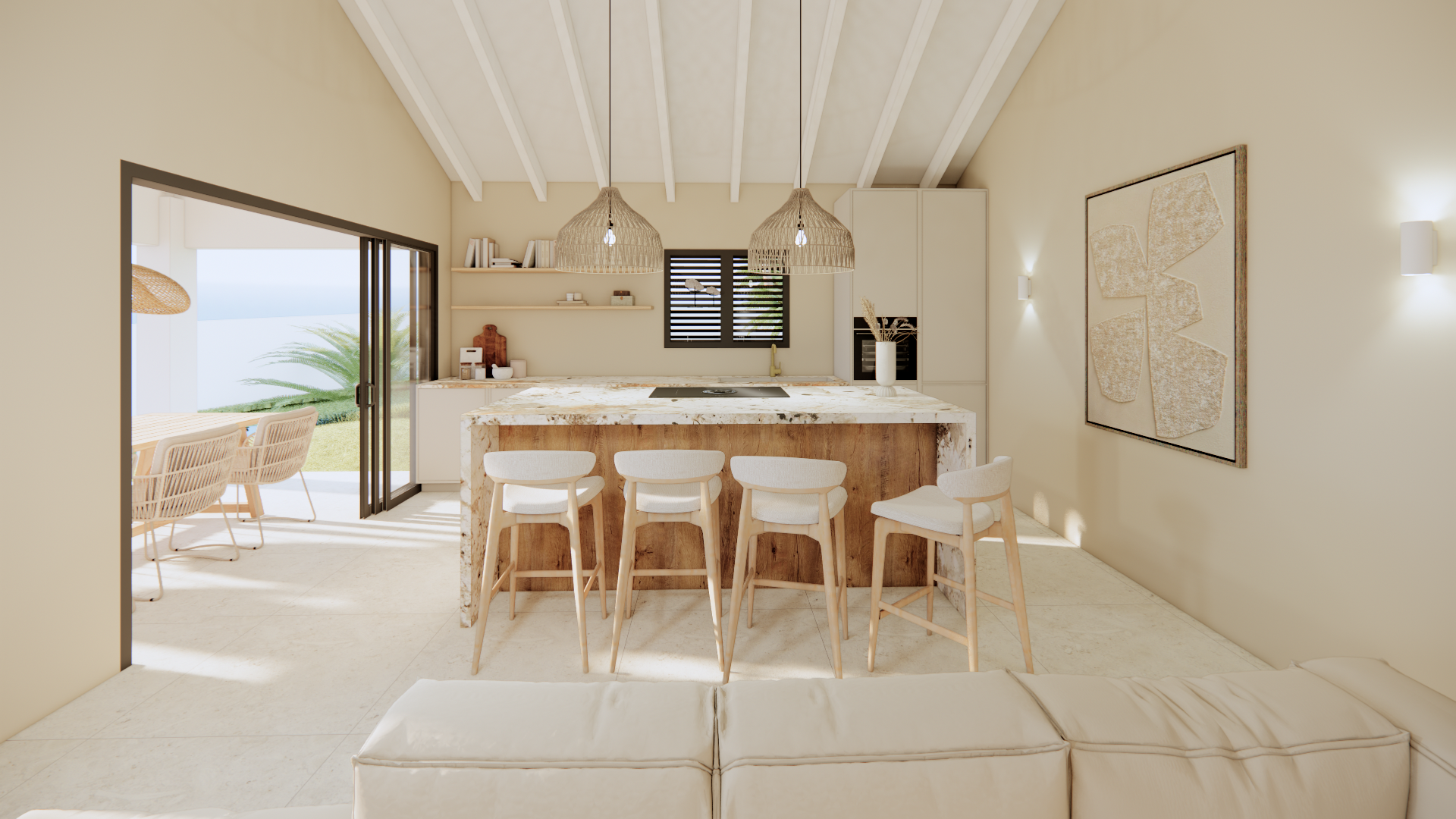 Lichte eetkamer aan het strand met wit meubilair, houten tafel, openslaande deuren en uitzicht op de oceaan.