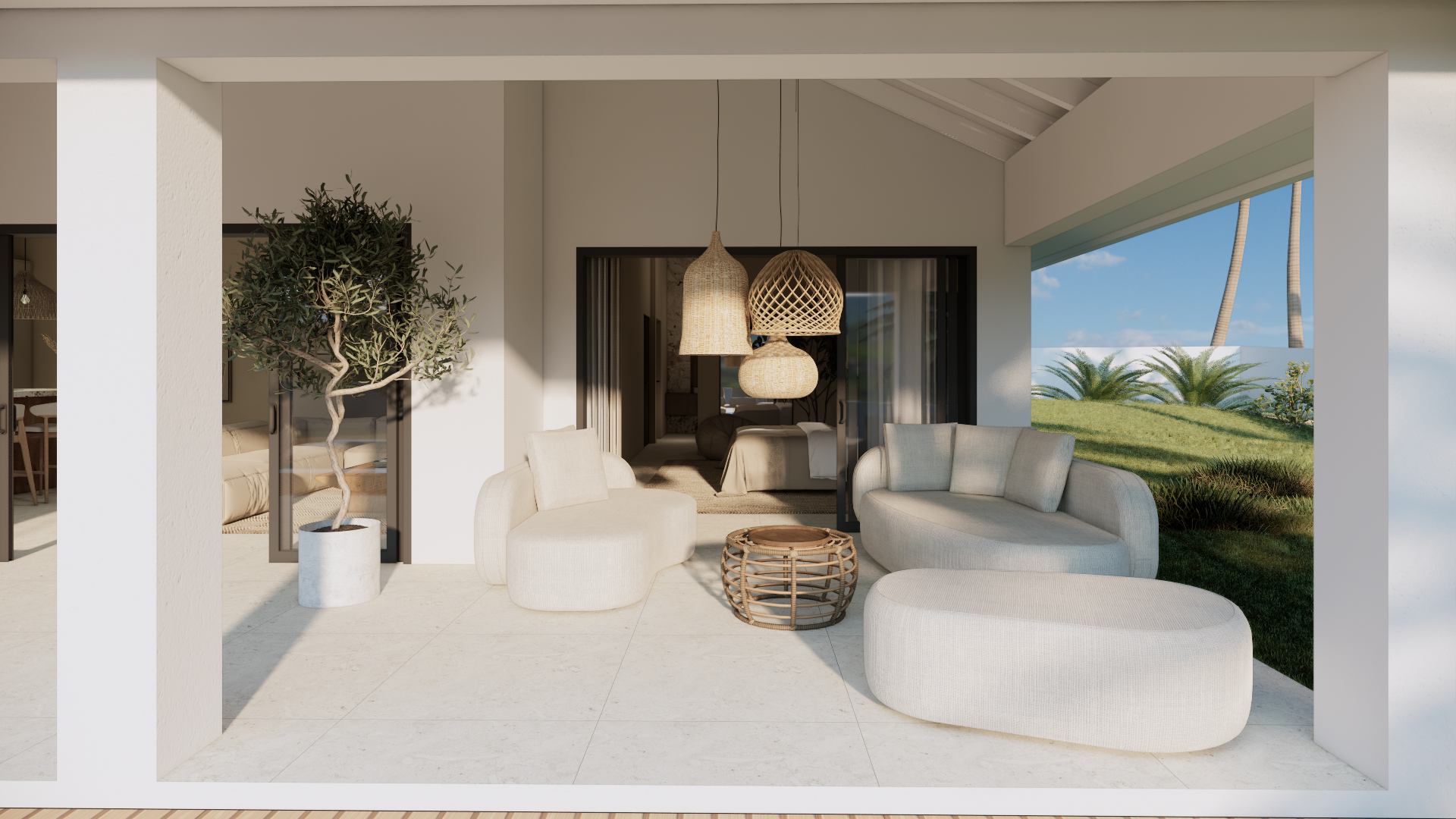 Moderne witte loungeset voor op het terras met ronde stoelen, geweven hanglampen, een potplant en uitzicht op de oceaan.