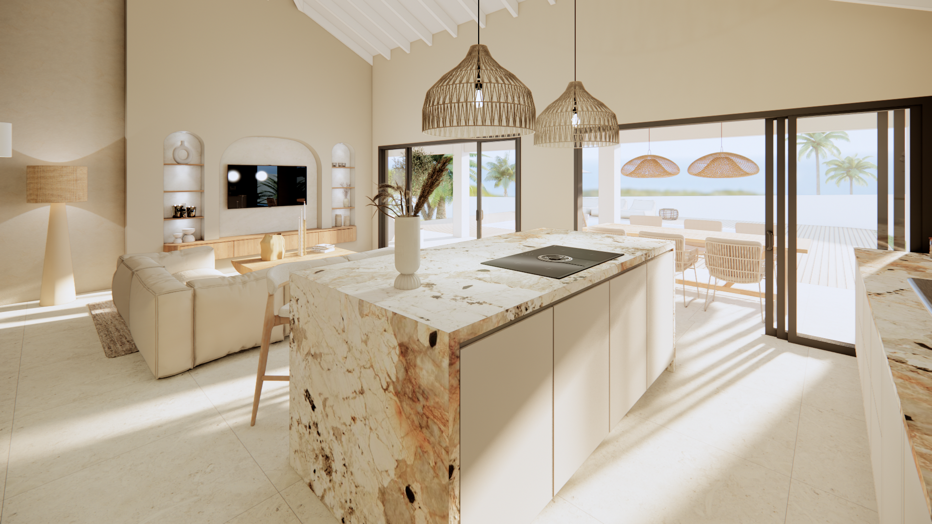 Lichte, moderne keuken met crèmekleurige kasten, een marmeren kookeiland en glazen deuren die veel zonlicht binnenlaten en toegang bieden tot een terras.