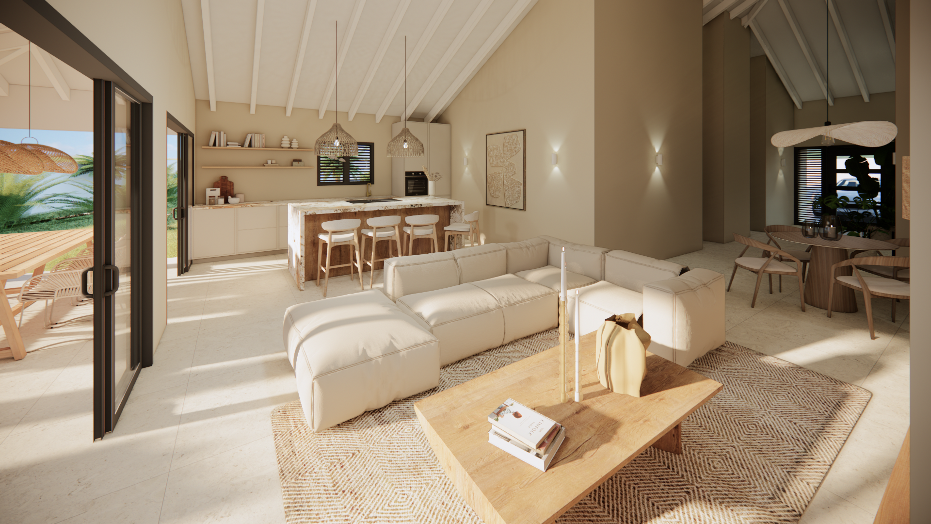 Lichte, moderne woonkamer met witte banken, houten accenten en een open keuken.