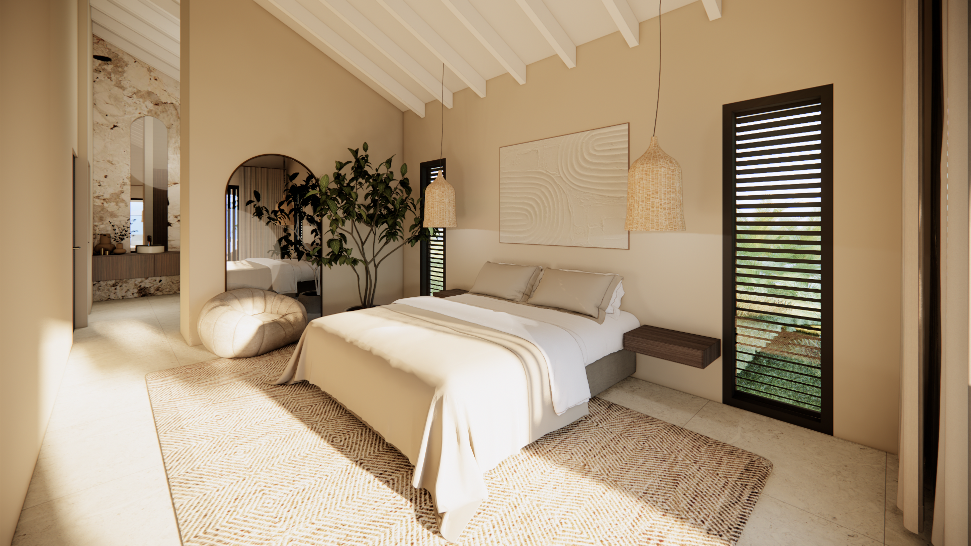 Lichtbeige slaapkamer met een bed, geweven decoratie, potplanten en een raam met lamellen.