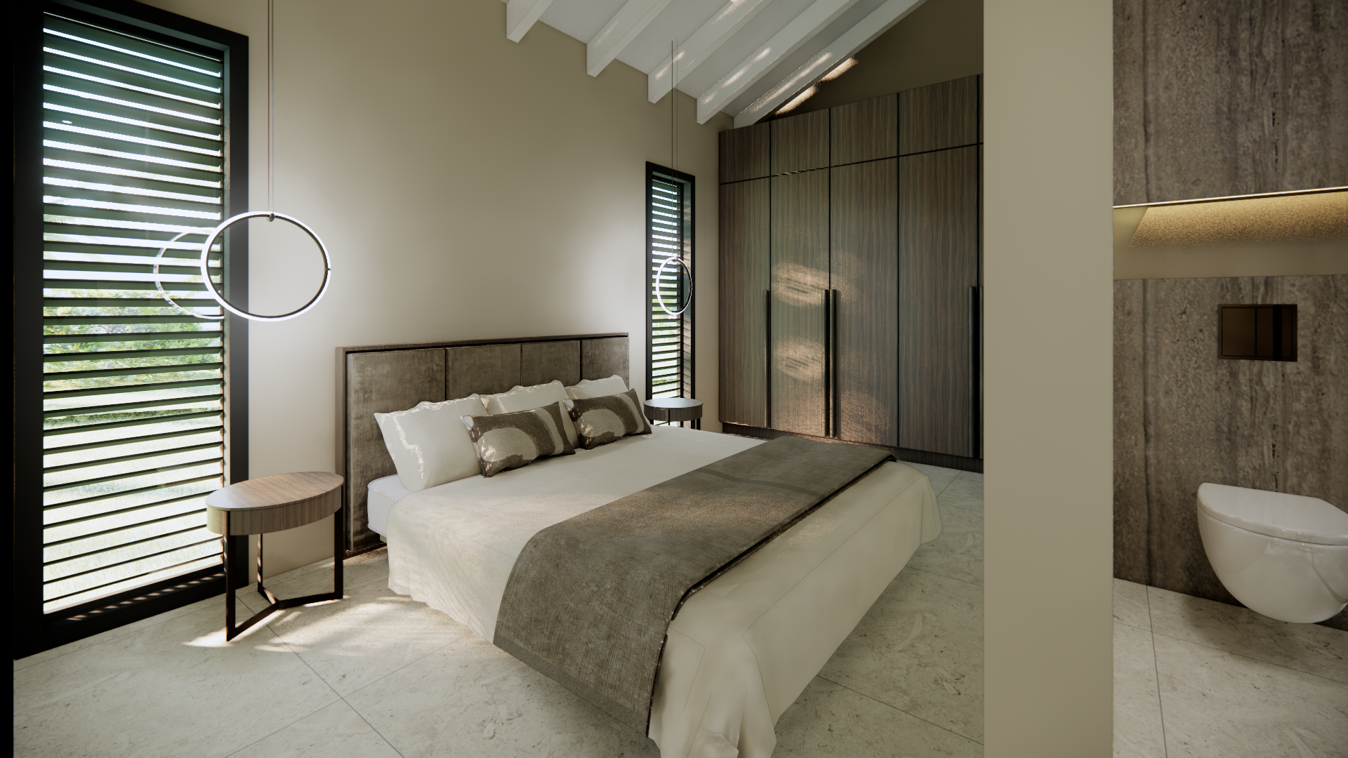 Moderne slaapkamer met bed, beige inrichting, hoge ramen en een en-suite badkamer die zichtbaar is door een open scheidingswand.
