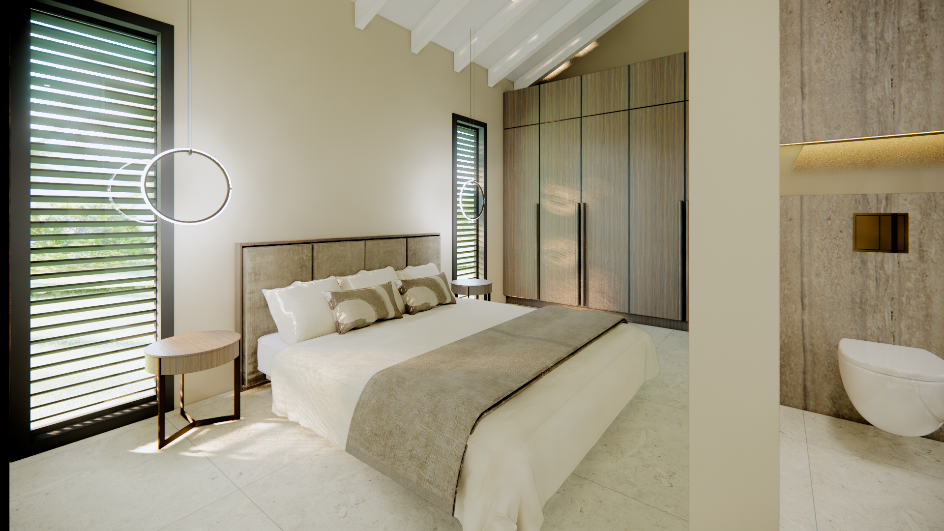 Moderne slaapkamer met beige inrichting, hoge ramen, een bed en een inloopkast grenzend aan een badkamer.