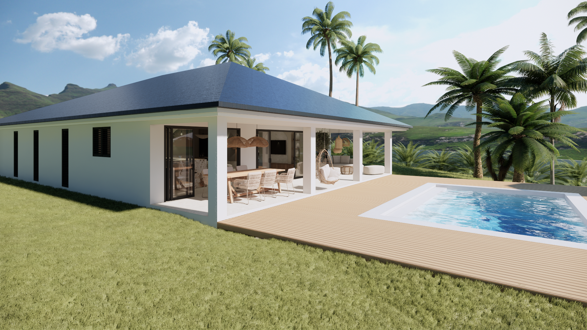 Moderne witte villa met zwembad, overdekt terras en palmbomen met uitzicht op een tropisch landschap.