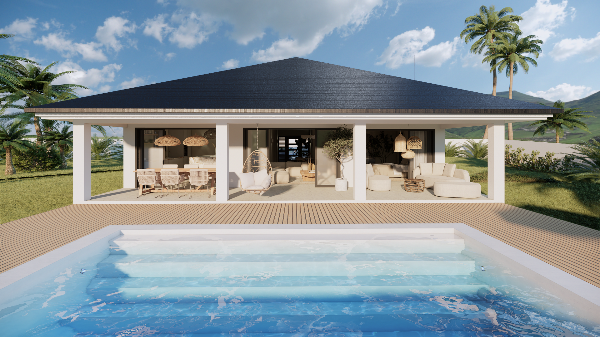 Moderne villa aan het strand met een zwembad, een open terras en palmbomen onder een donker dak.