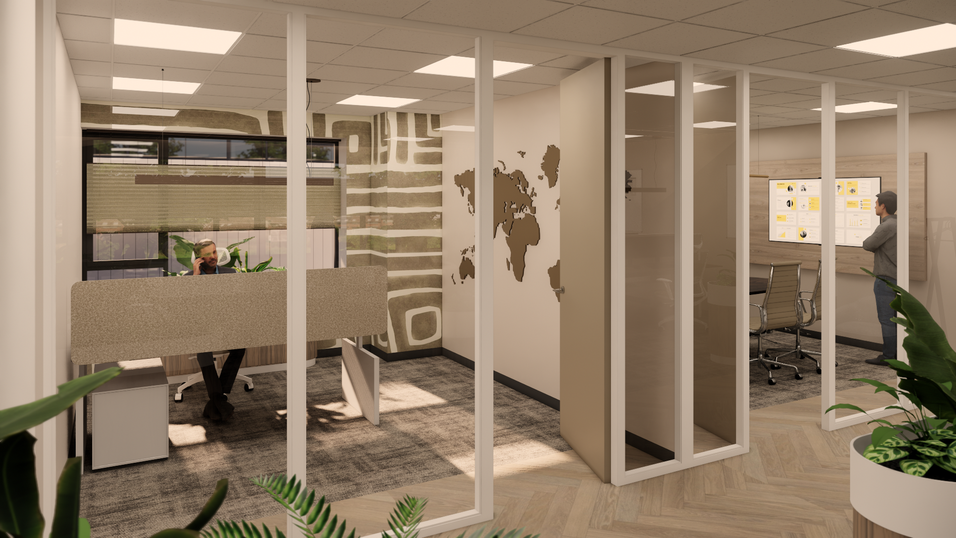 Modern kantoorinterieur met glazen scheidingswanden, bureaus, potplanten en een gestreepte accentmuur.