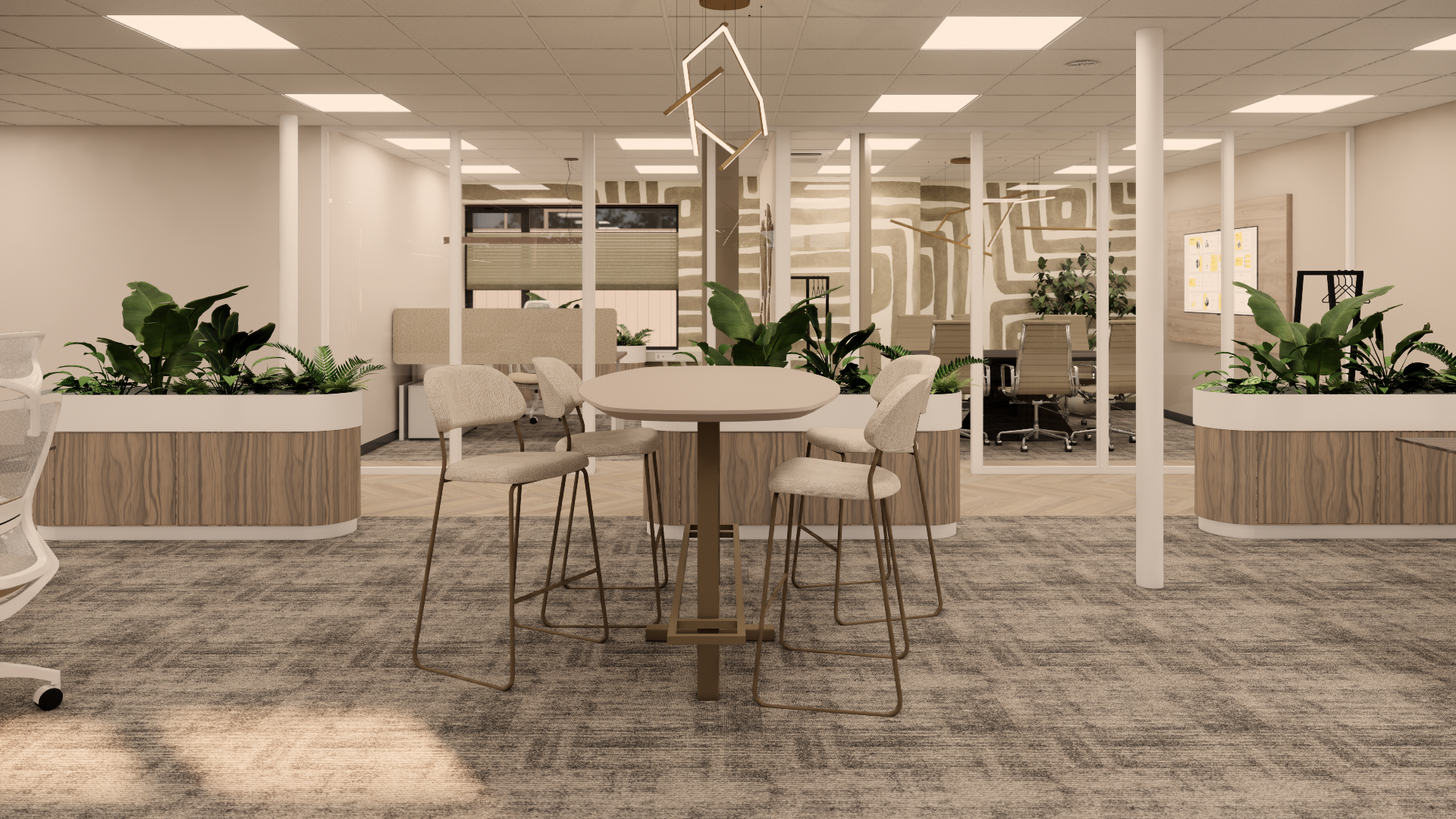 Moderne kantoorlounge met witte stoelen, ronde tafels, planten en een zachte, neutrale inrichting.