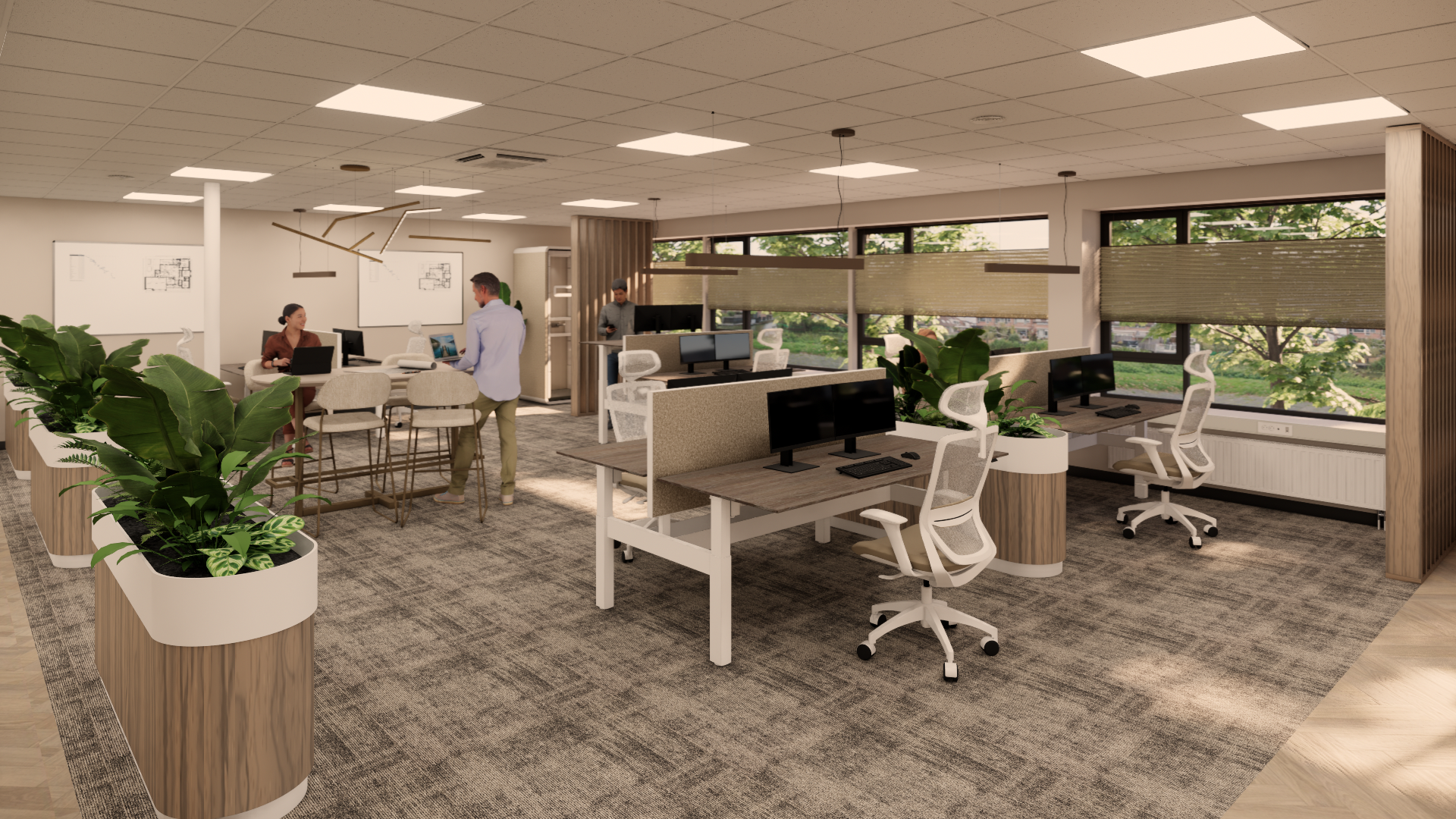 Lichte, open kantoorruimte met bureaus, stoelen, planten en mensen die werken bij grote ramen.