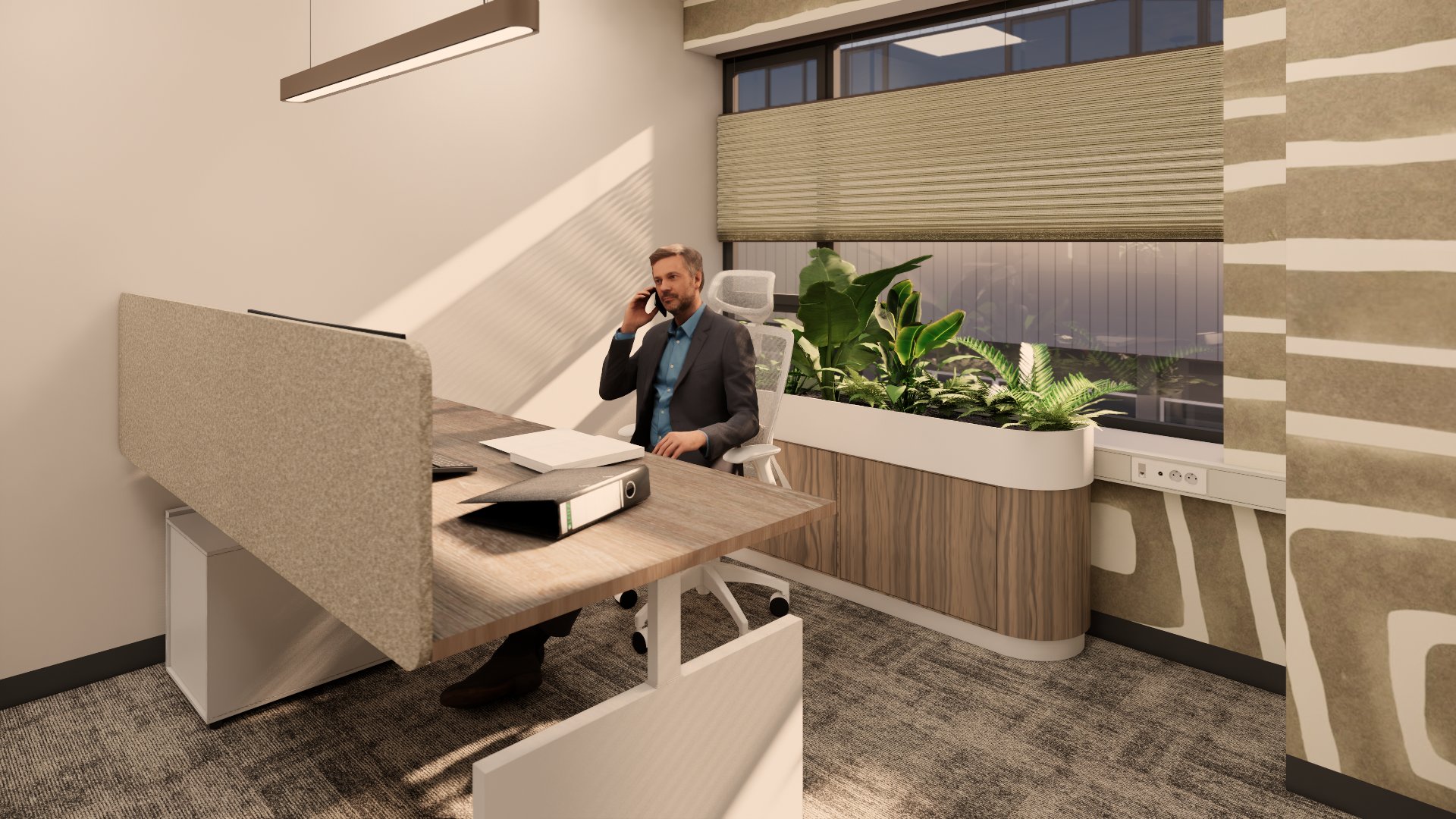 Moderne kantoorcabine met een man aan een bureau, een telefoon en potplanten in een lichte werkruimte.