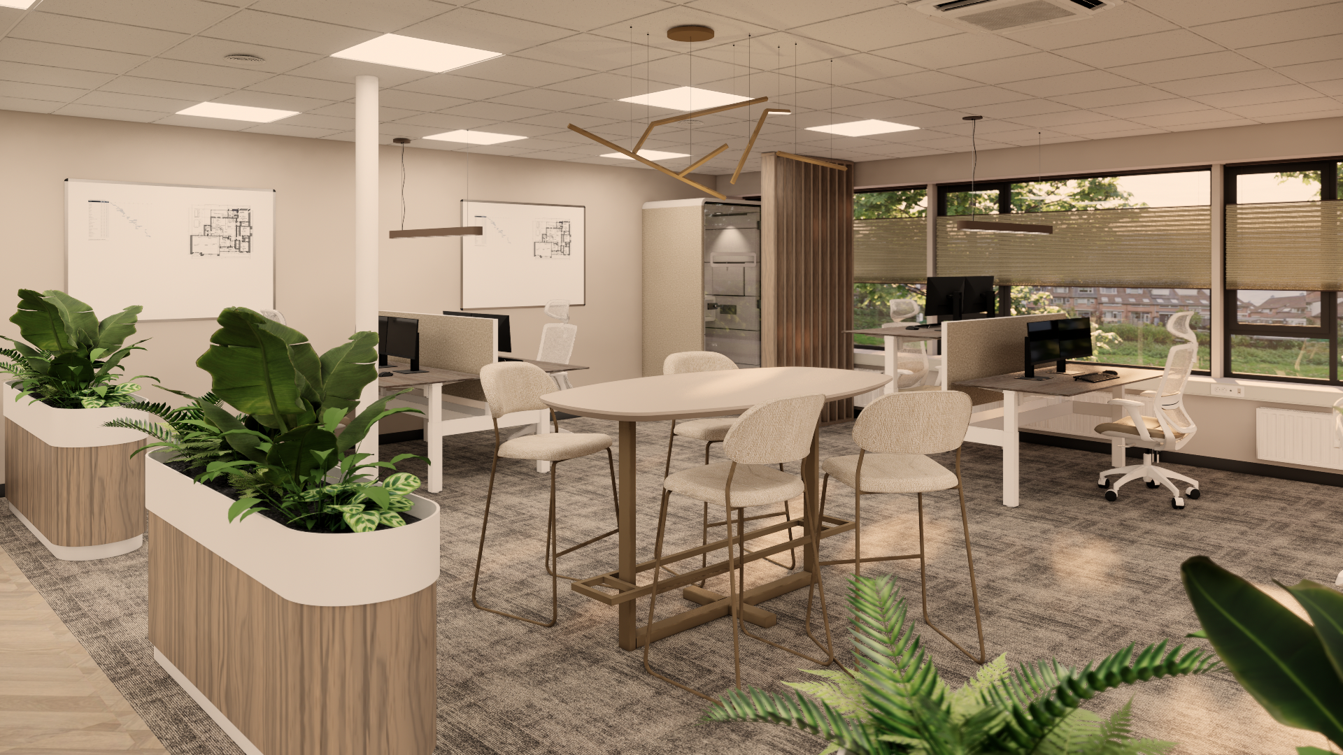 Lichte, moderne kantoorlounge met wit meubilair, planten, barkrukken en grote ramen.