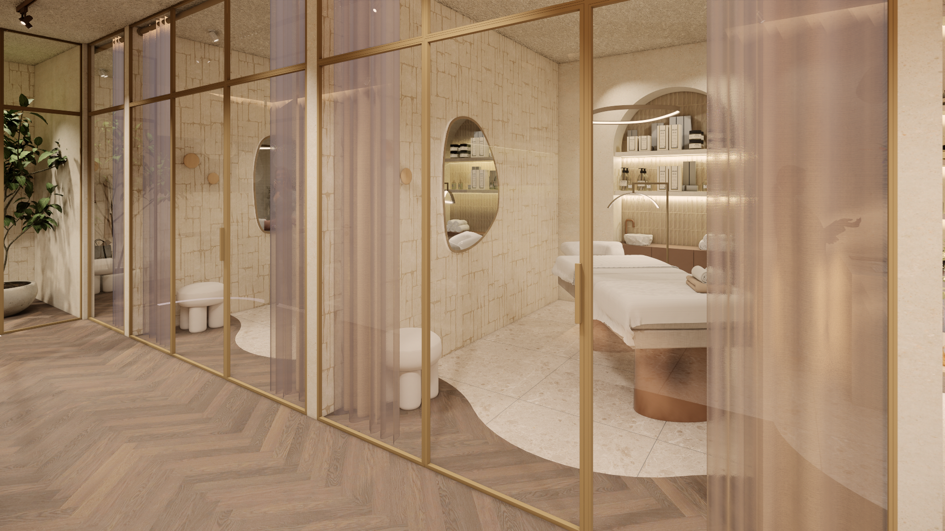 Modern spa-interieur met glazen scheidingswanden, beige tinten, gebogen spiegels en een wastafelmeubel.