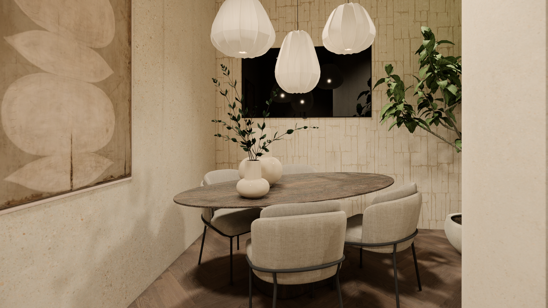 Minimalistische eetkamer met ronde tafel, beige stoelen, hanglampen en een aan de muur gemonteerde tv.