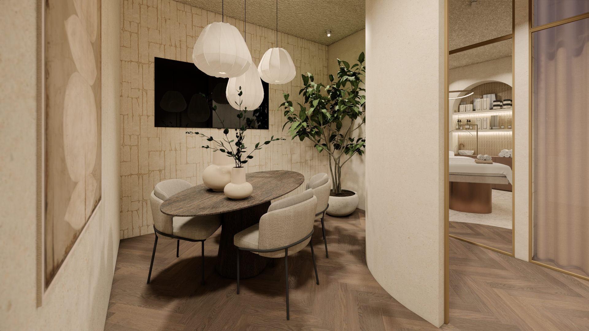 Elegante beige eetkamer met ronde tafel, crèmekleurige stoelen, hanglampen en decoratieve wandpanelen.