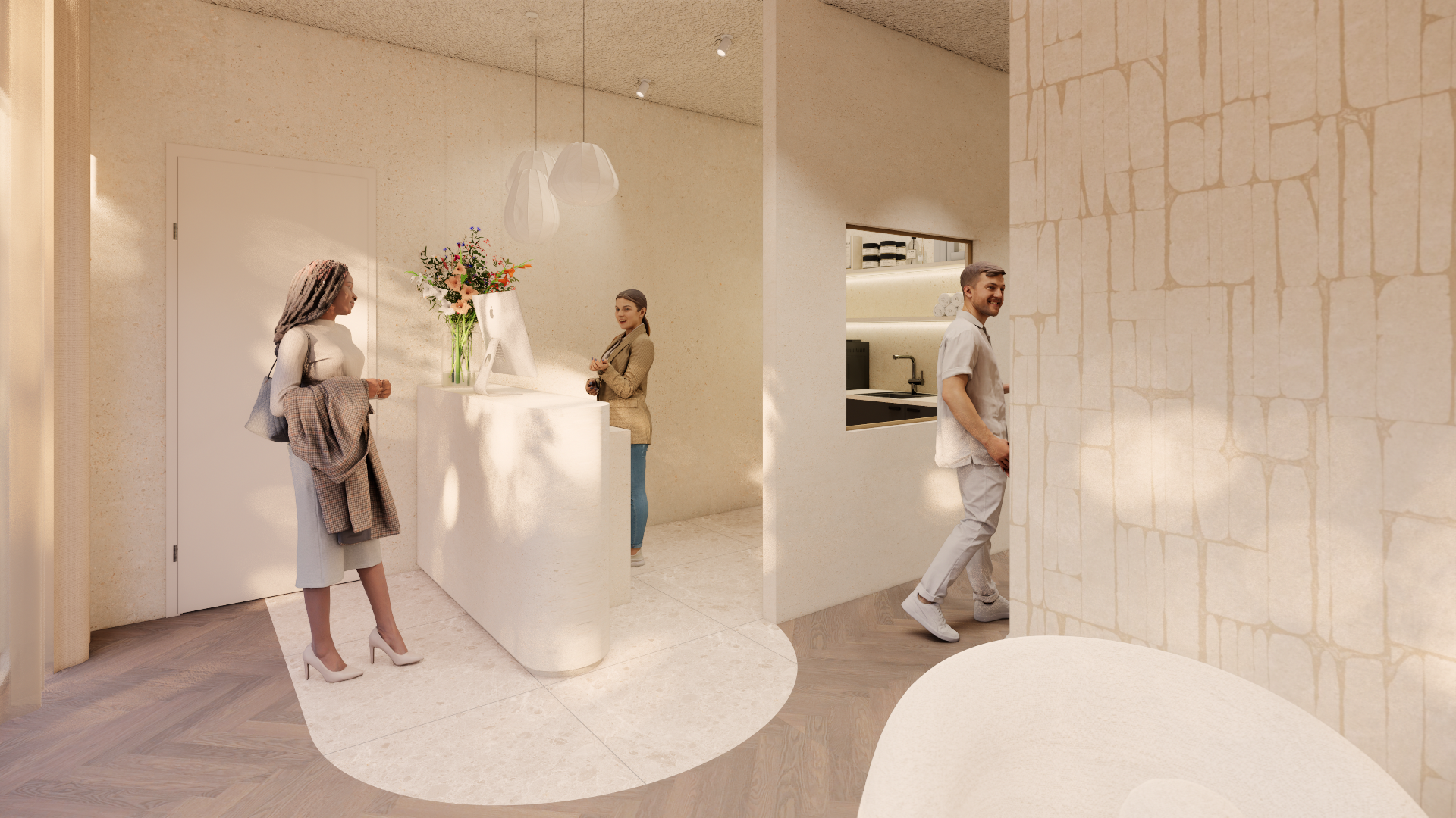 Een elegante beige lounge met drie mensen die gezellig aan het praten zijn bij een stralend witte bar en een bloemstuk.