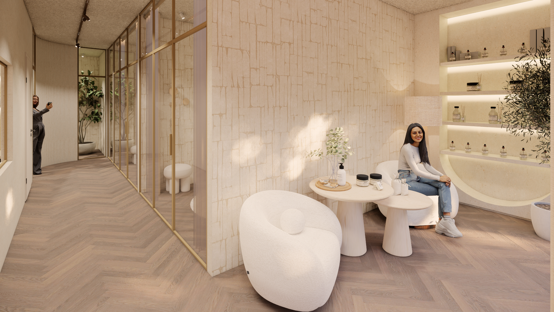 Lichtbeige, moderne spa-lounge met witte stoelen, een vrouw zittend bij een kaptafel en zachte, warme verlichting.