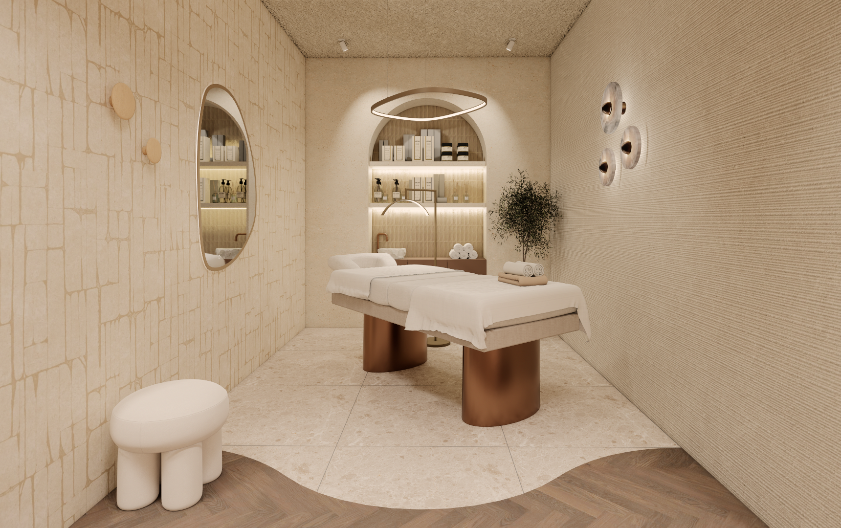 Minimalistische beige spa-behandelkamer met massagetafel, spiegels en witte kruk.