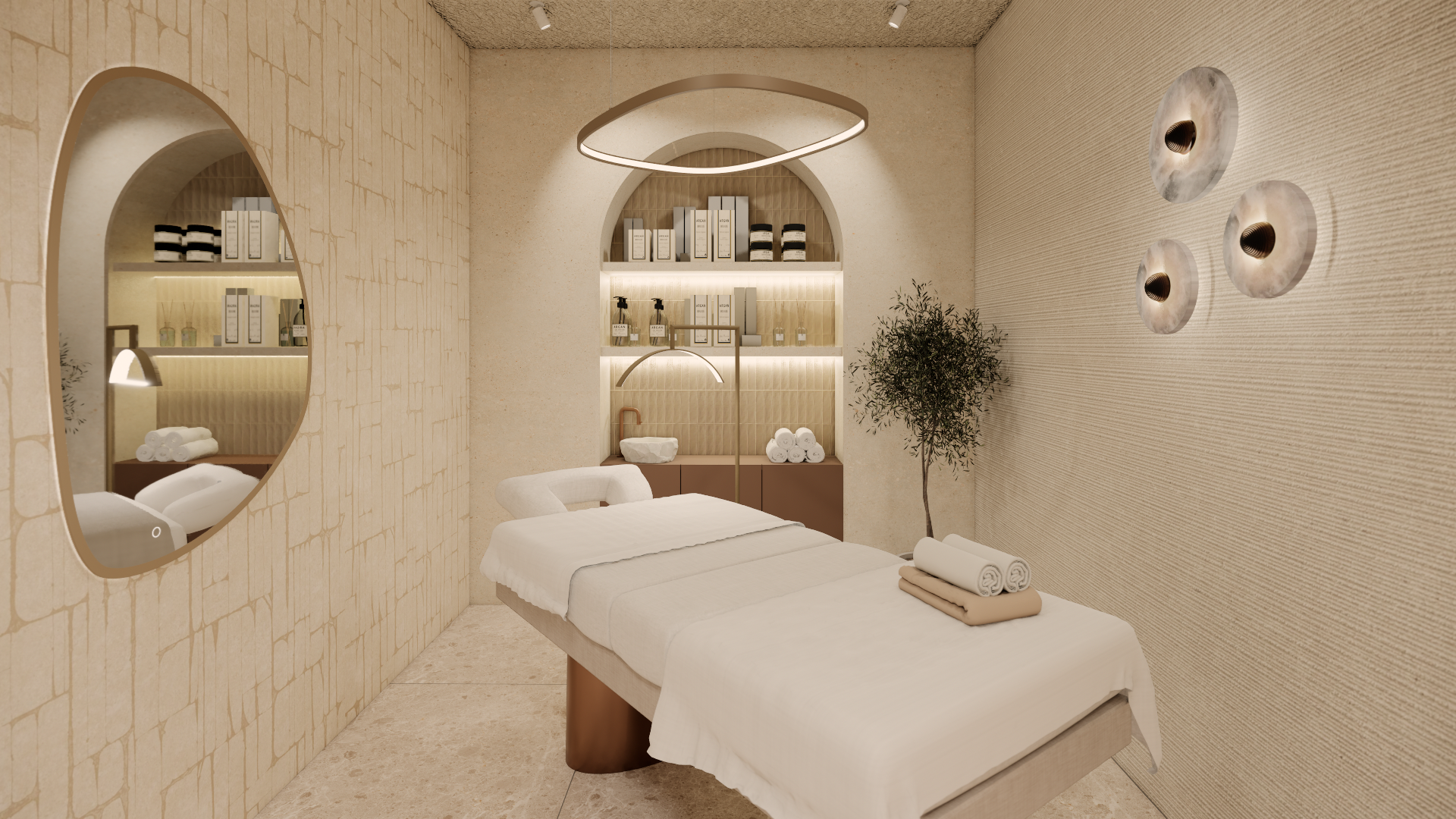 Minimalistische beige spa-behandelkamer met massagetafel, ovale spiegels, planken en decoratieve cirkels aan de muur.