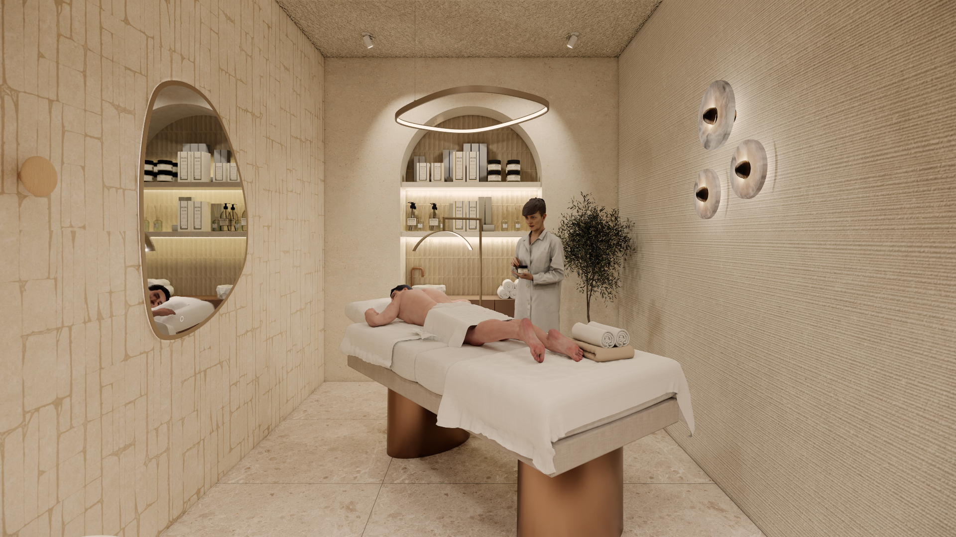 Minimalistische spa-behandelruimte met een massagetafel, warme beige muren, spiegels en zachte verlichting.