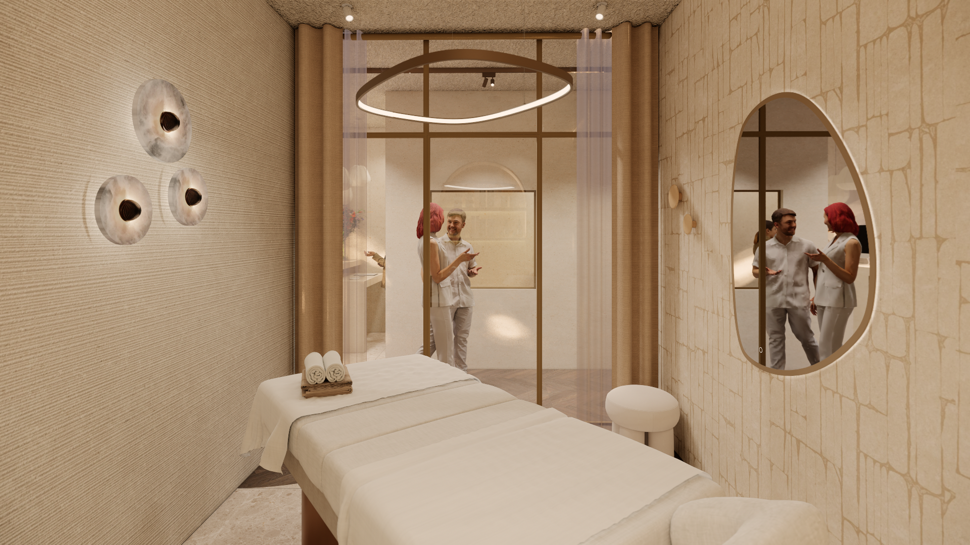 Minimalistische spa-behandelruimte met een massagetafel, spiegels en een warme beige inrichting.