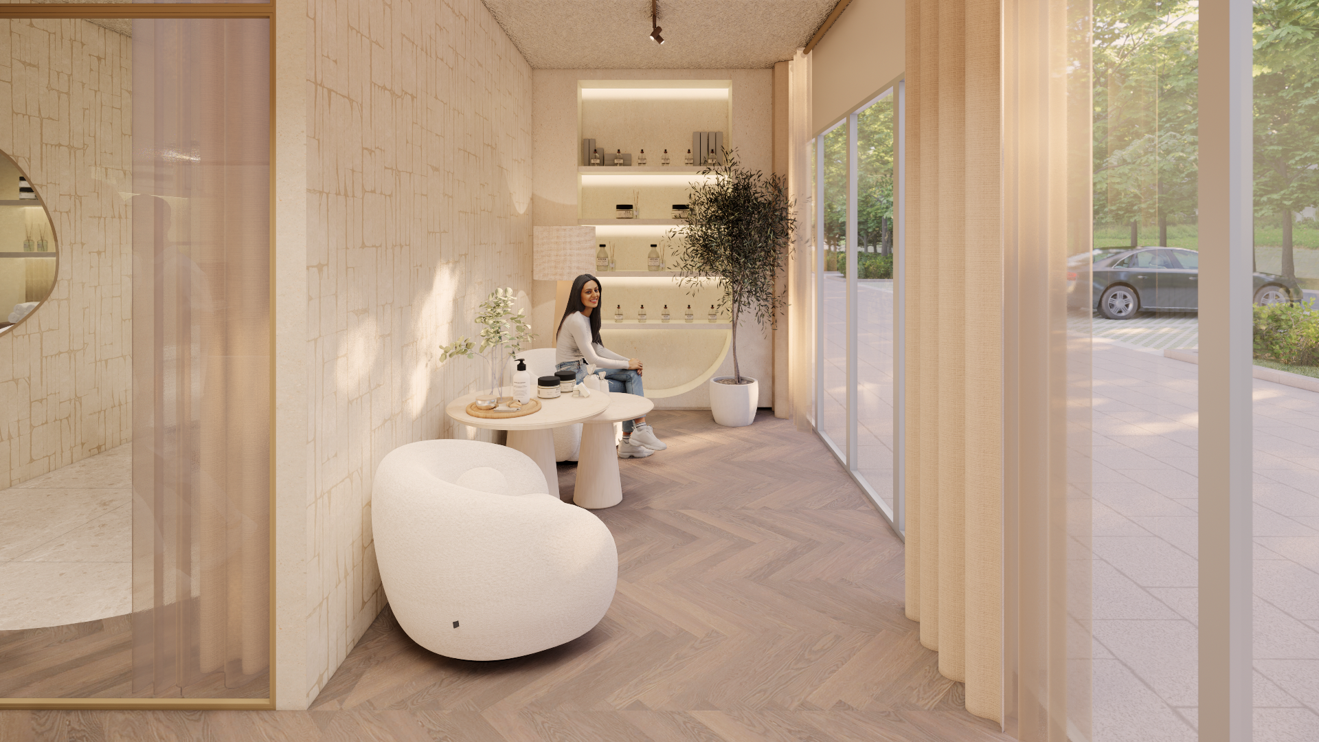 Moderne, minimalistische café-lounge met witte stoelen, tafels, planten en een persoon die bij het raam zit.