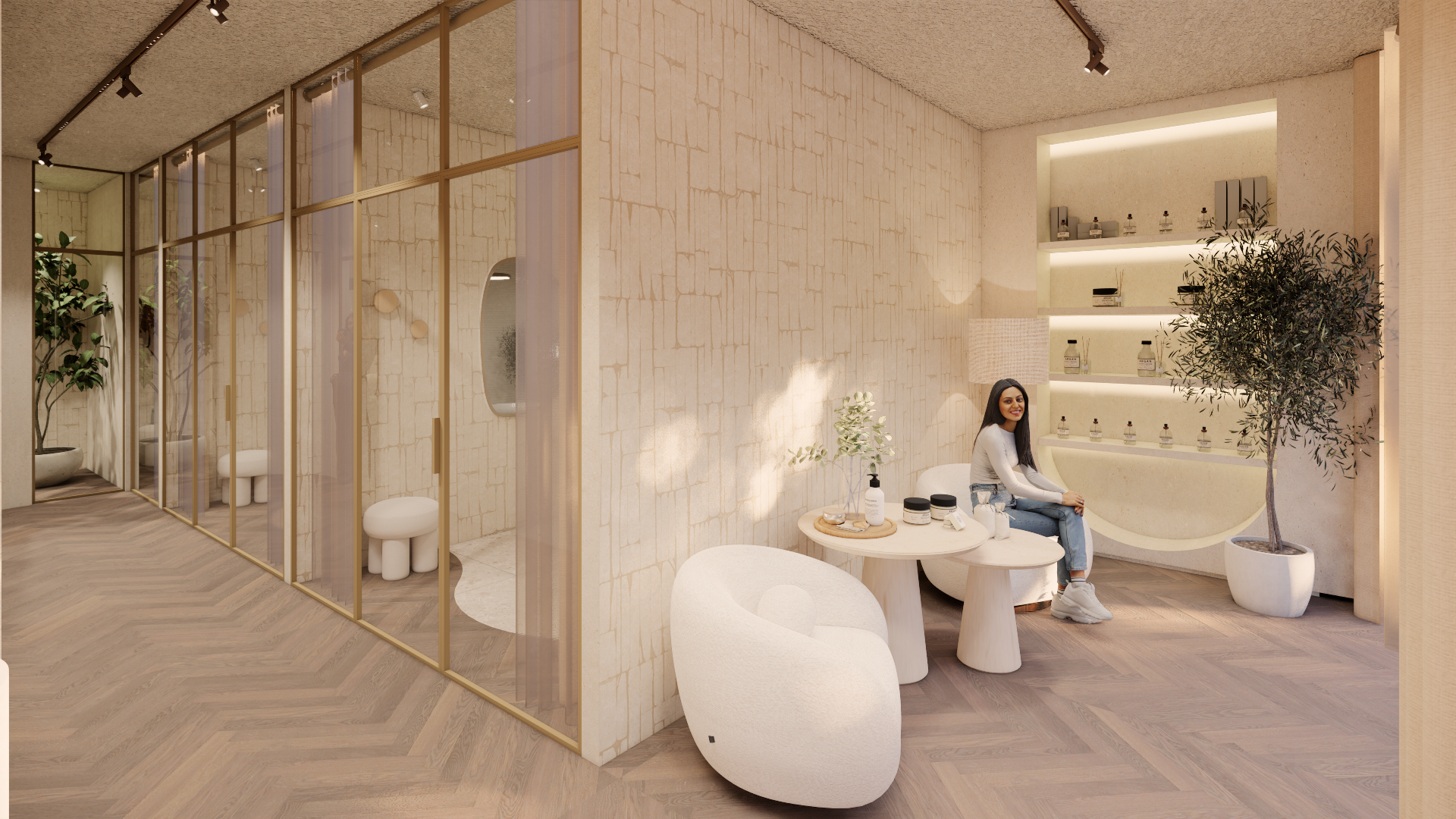 Lichte, minimalistische spa-lounge met een vrouw aan een klein tafeltje, zachte beige decoratie en plankverlichting.