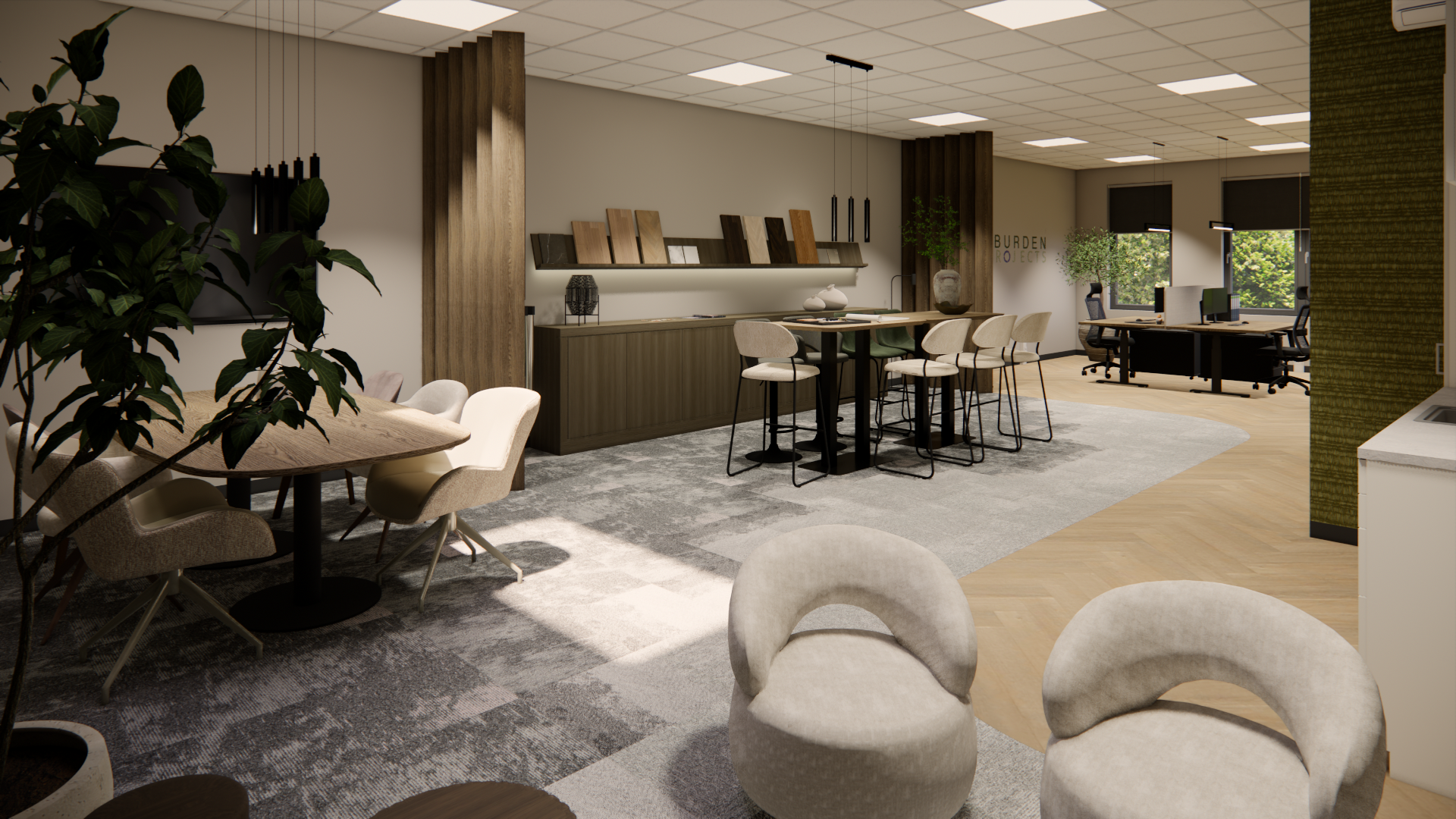 Moderne lounge met stoelen, tafels, planten en een cafébar onder sfeervolle verlichting.