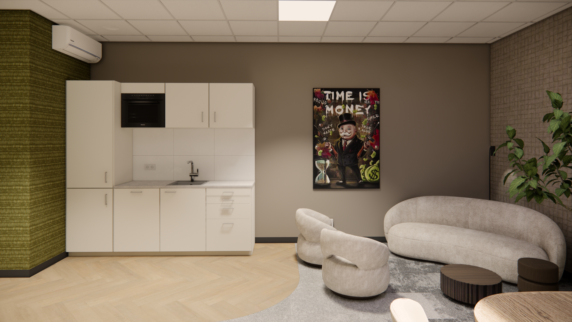 Moderne woonkamer met witte kasten, een comfortabele gebogen bank, wanddecoratie en een betegeld plafond onder zachte verlichting.