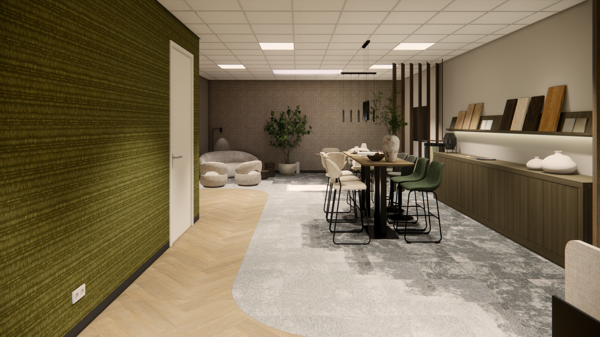 Moderne woonkamer met groene accentmuur, bank, eettafel en houten planken onder zachte plafondverlichting.