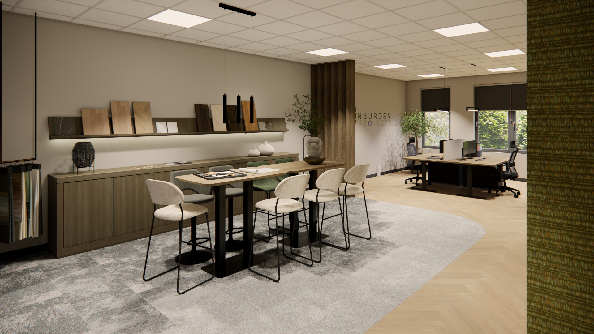 Moderne kantoorruimte voor pauzes met tafels, krukken, kasten en een bureau bij grote ramen.