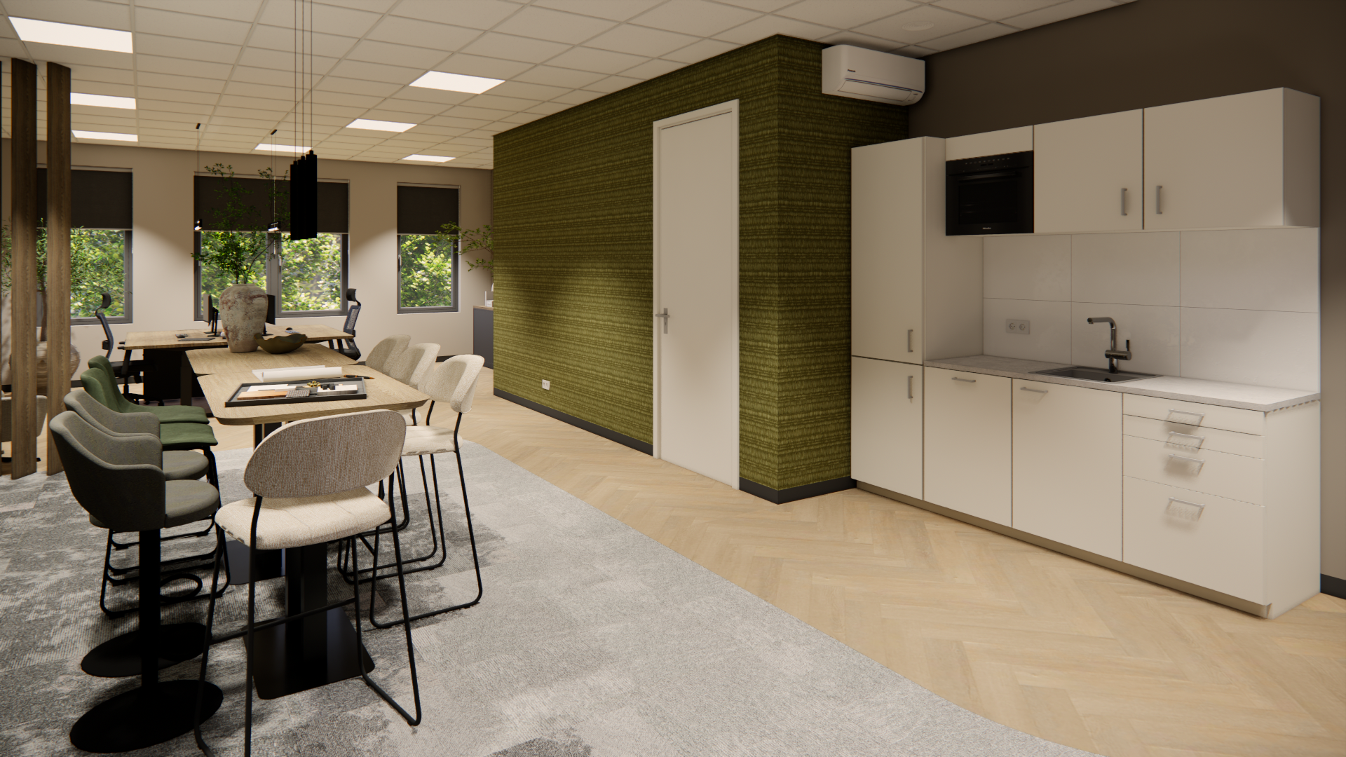 Moderne kantoorkeuken met eethoek, tafels, stoelen, witte kasten en een groene accentmuur.