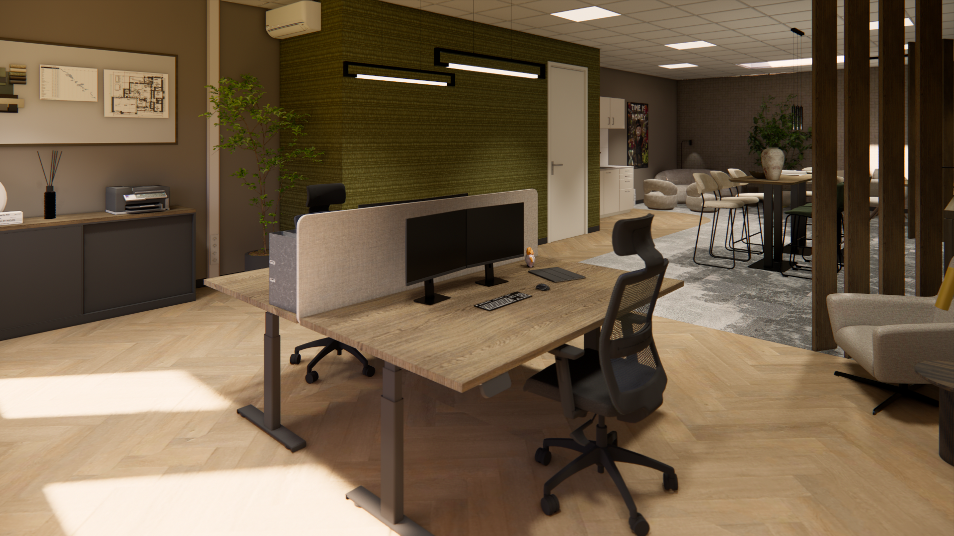Modern open kantoor met bureaus, beeldschermen, stoelen, planten en een loungehoek met sfeervolle verlichting.