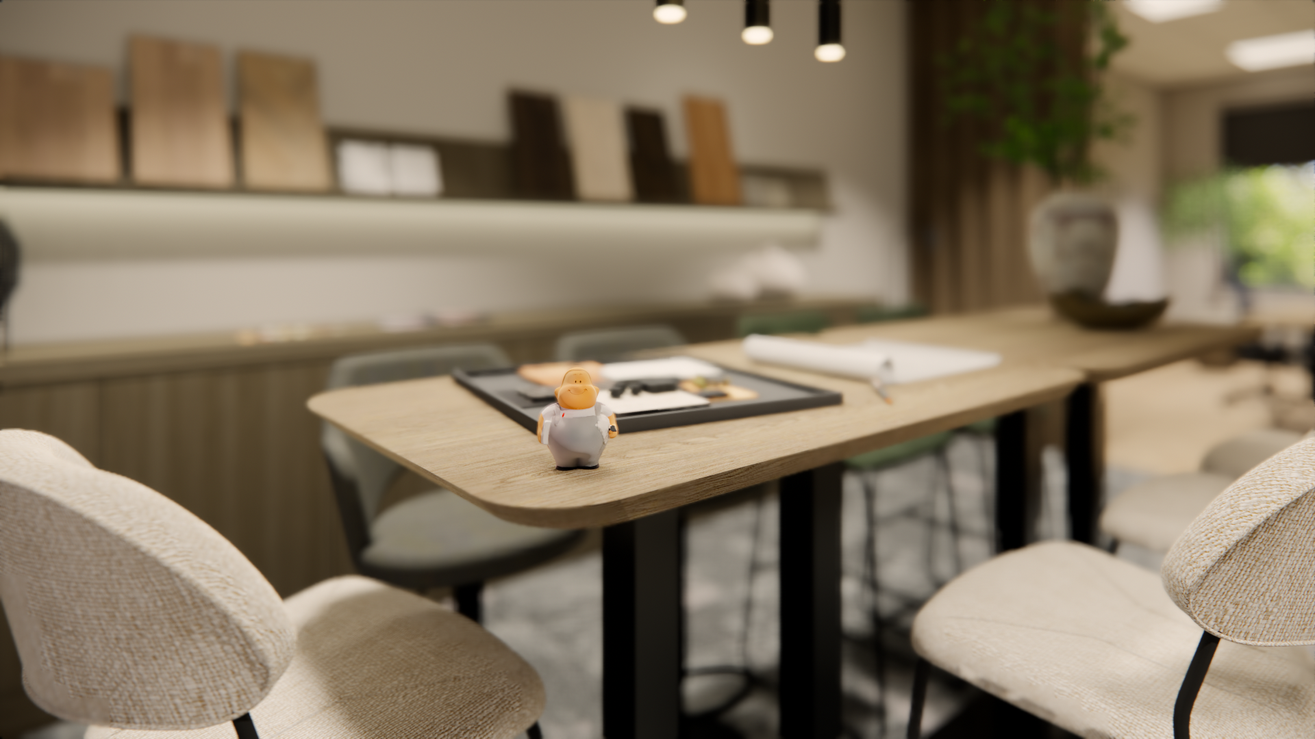 Modern café met beige stoelen en een houten tafel gedekt met een dienblad en een drankje, tegen een zacht verlichte achtergrond.