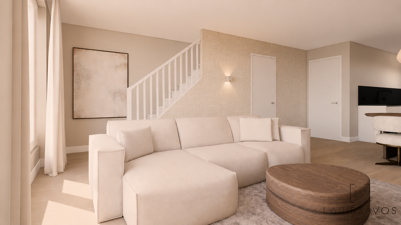 Lichtbeige woonkamer met witte bank, ronde poef, trap en aan de muur gemonteerde tv.