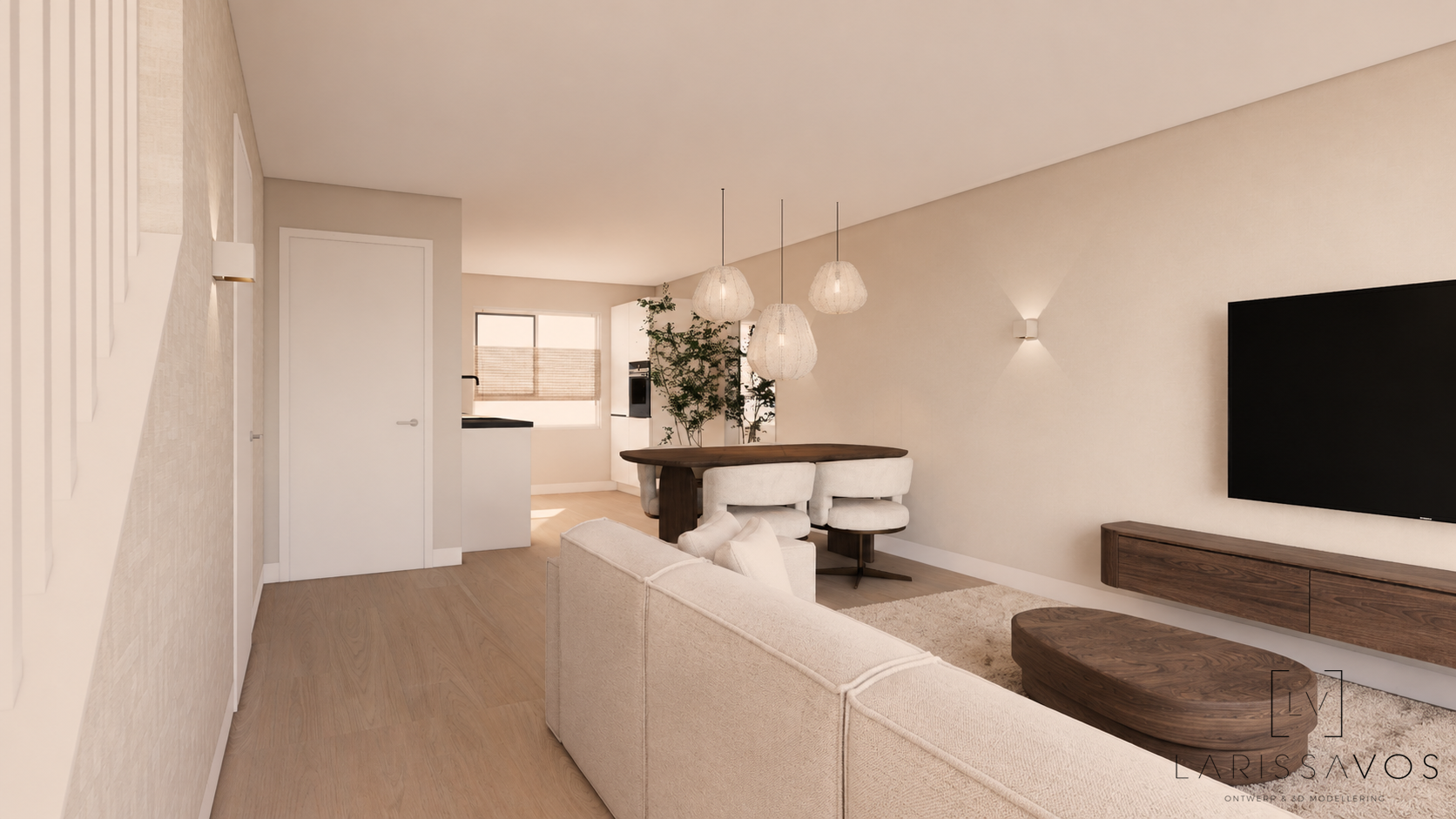 Lichte, moderne woonkamer met beige bank, aan de muur gemonteerde tv en keukeneiland op de achtergrond.