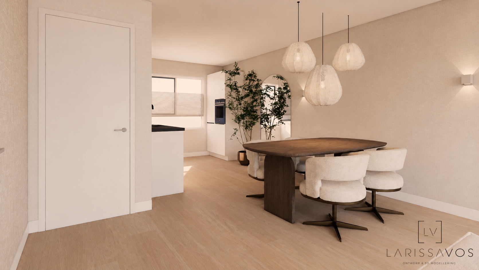 Lichte, moderne eetkamer met witte stoelen, houten tafel, hanglampen en de keuken op de achtergrond.