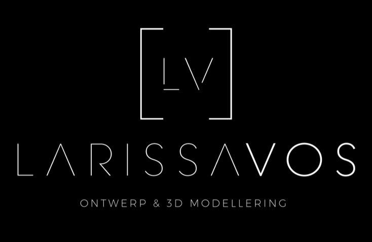 Zwart logo met “LARISSAVOS” en “ONTWERP & 3D MODELLERING” in wit op een donkere achtergrond.