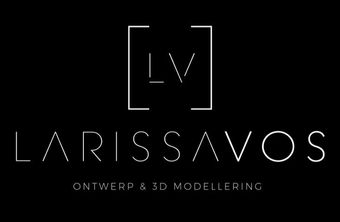 Zwart logo met “LARISSAVOS” en “ONTWERP & 3D MODELLERING” in wit op een donkere achtergrond.