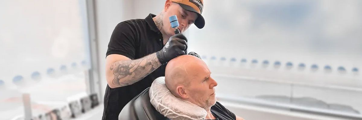 Barberare i svart skjorta och blå handskar trimmar en äldre mans skägg i en ljus salong