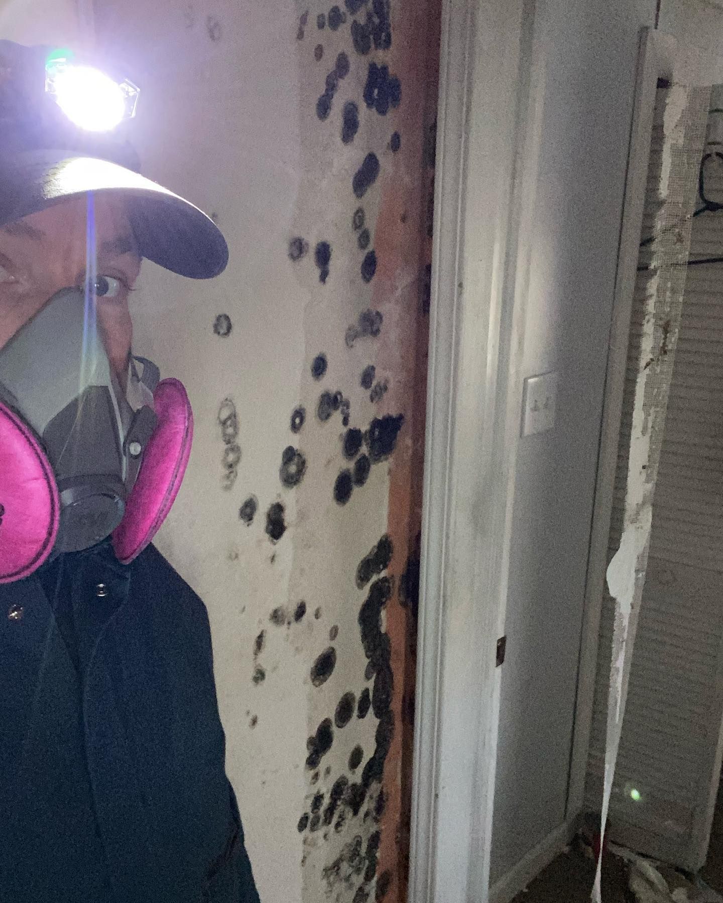 A person wearing a respirator and headlamp stands beside a wall covered in dark, circular patches of mold.