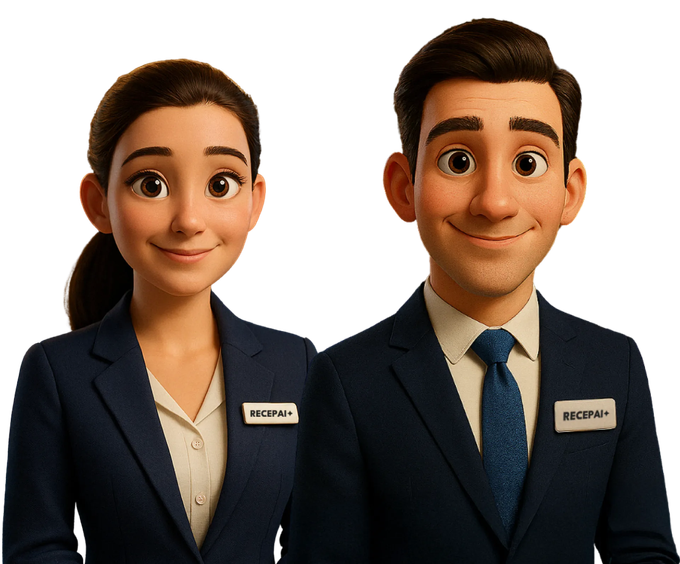 Two smiling figures in dark blue suits, name tags reading 