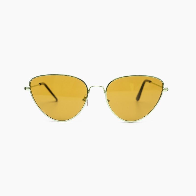 Gold-framed sunglasses with yellow lenses against a white background.