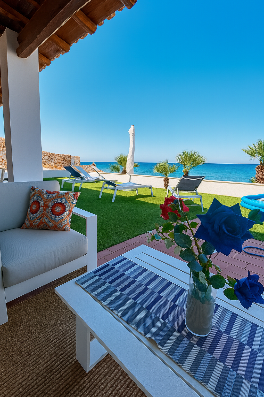 Posti a sedere all'aperto con vista sulla spiaggia: divano bianco, tavolo con fiori, oceano blu, erba verde, cielo soleggiato.