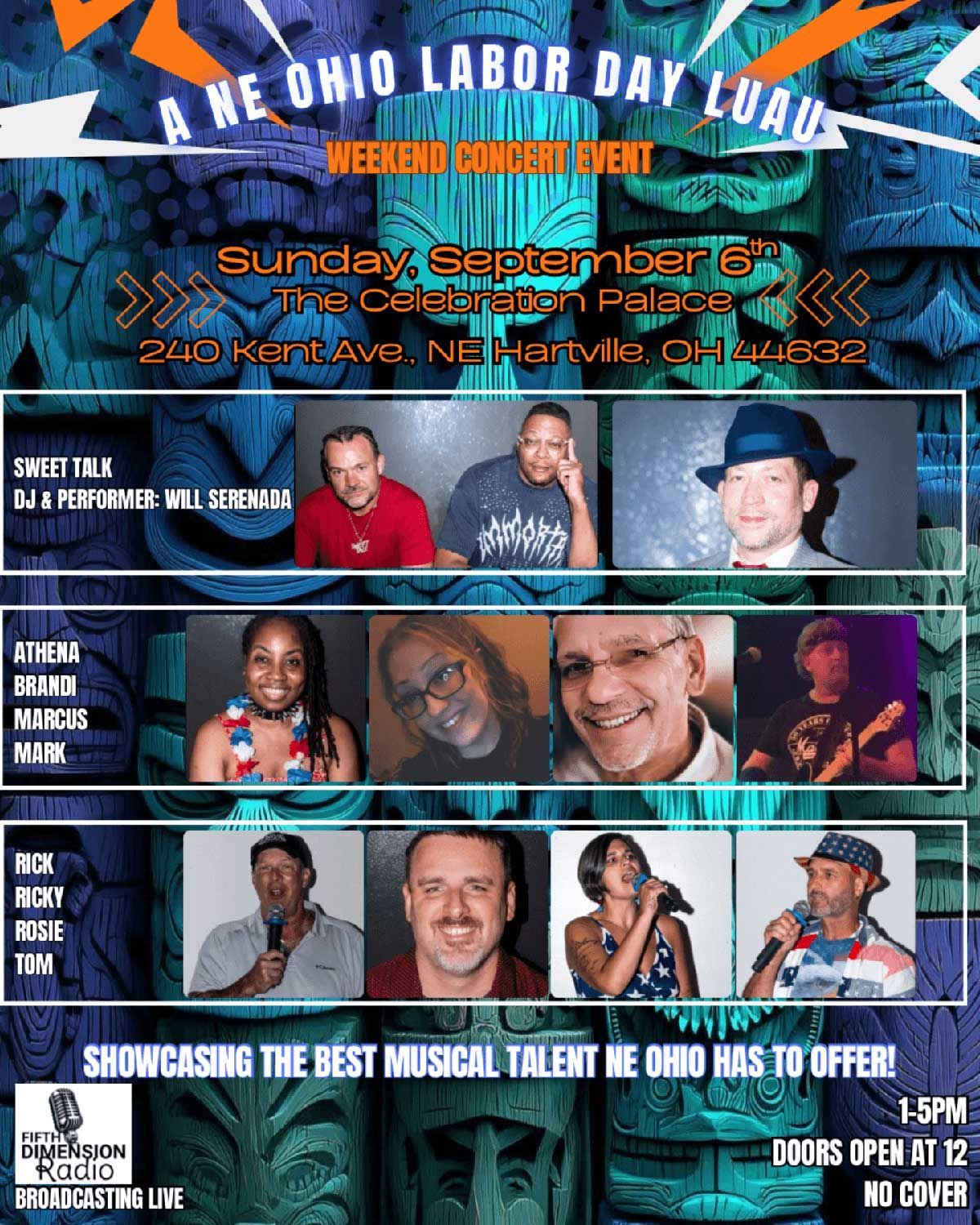 Ohio Labor Day event poster with three rows of performer photos, date, venue, and music lineup details.